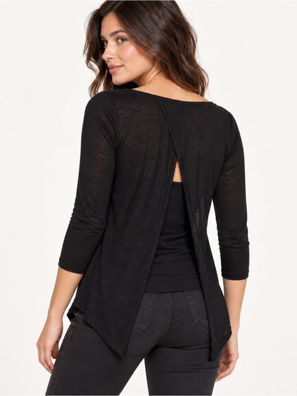 Soft goth Black semi-sheer lightweight open slit back asymmetrical top